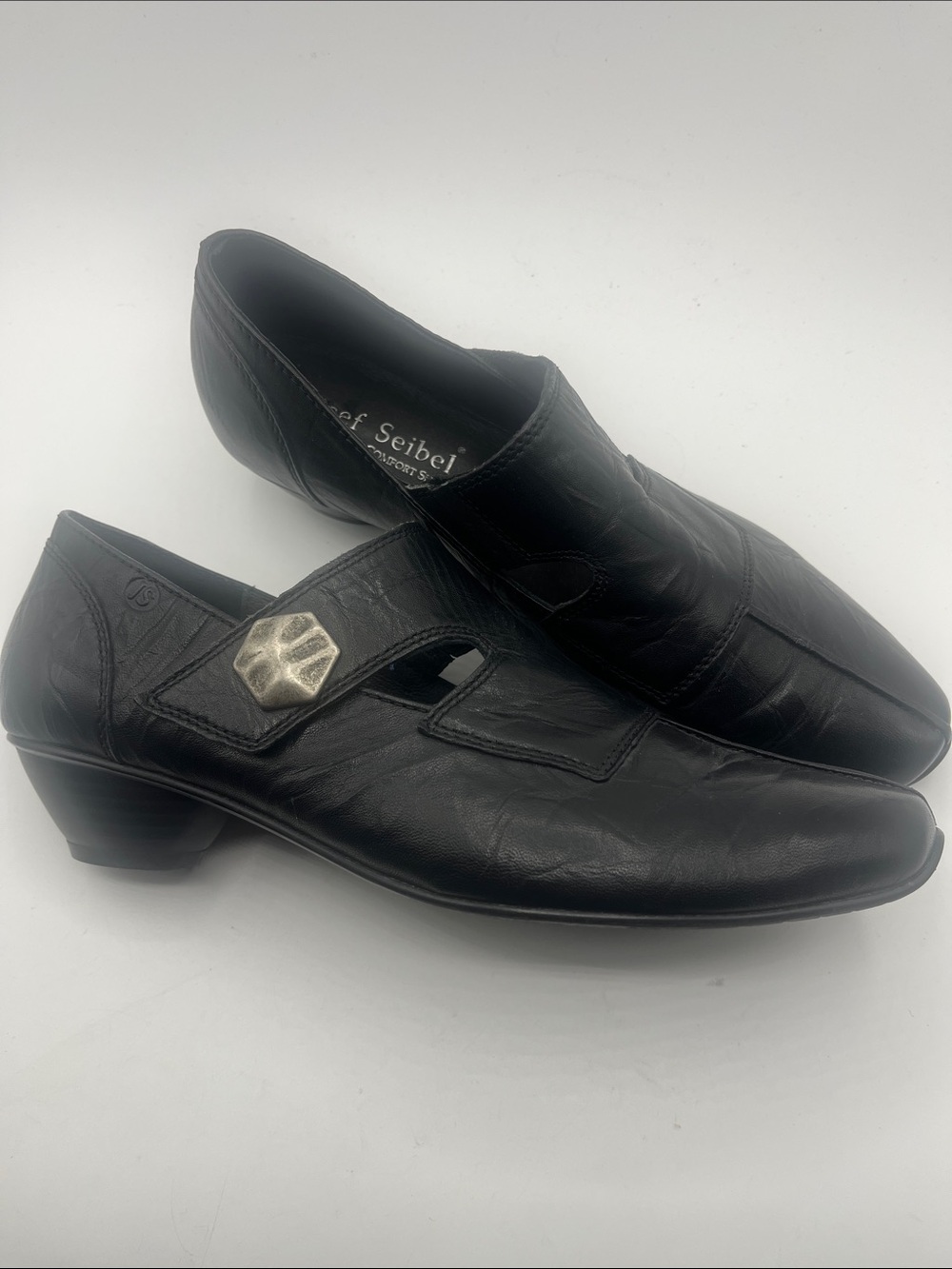 Josef Seibel Black Leather Women's Slip-On Loafers with Buckle Detail